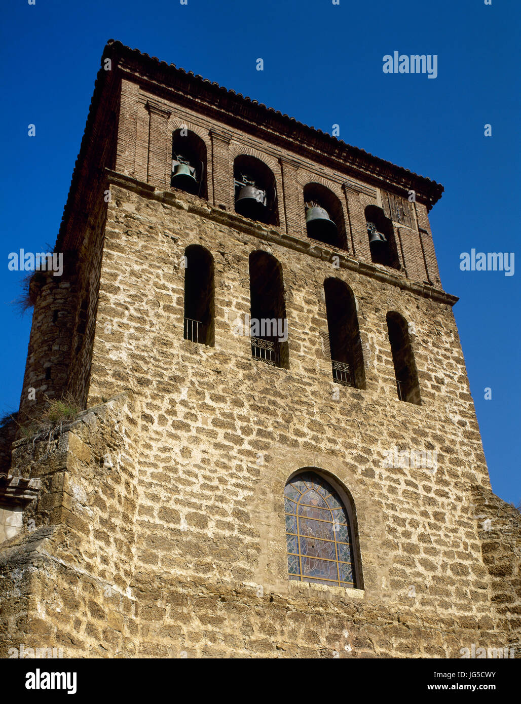 Spain, La Rioja. Cervera del Rio Alhama. San Gil church, 15-17th century. Bell Tower, mudejar style. Spain. Stock Photo