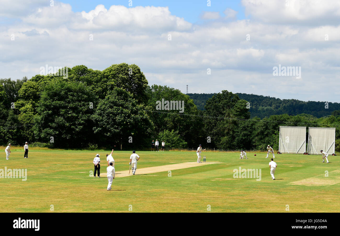 General view of a local cricket match (Liphook versus Rowledge) near the rural village of Liphook, Hampshire, UK. 1 July 2017. Stock Photo