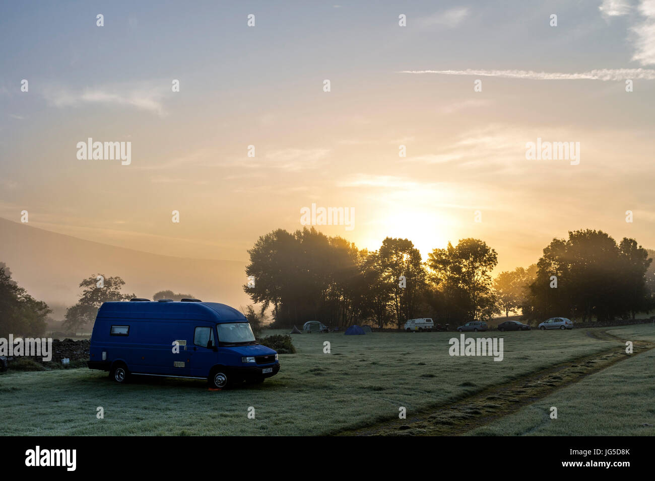 A Misty Autumnal Morning at High Laning Caravan and Camping Site, Dent, Yorkshire Dales National Park, UK Stock Photo