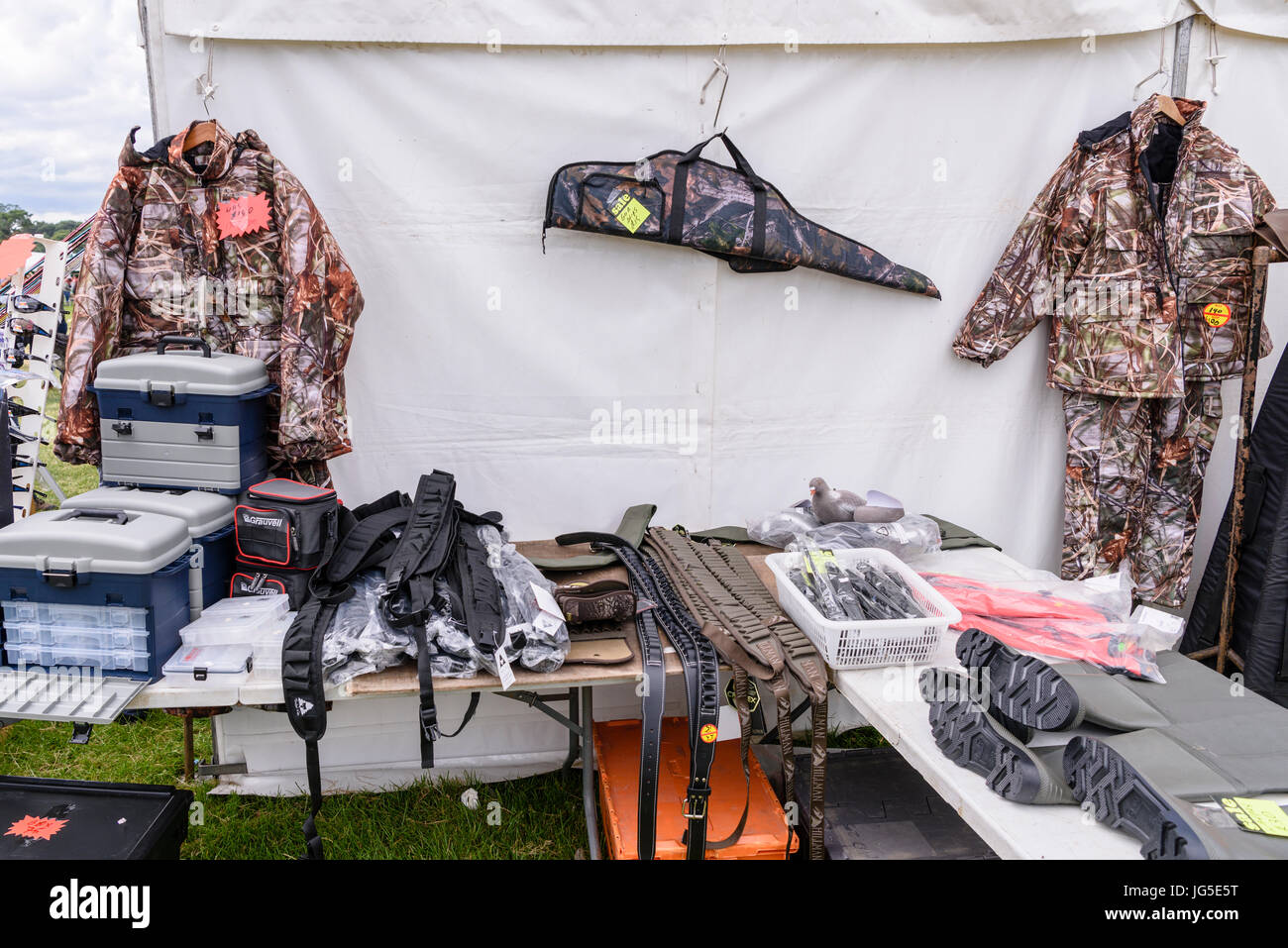 Shooting equipment for sale at a market stall. Stock Photo