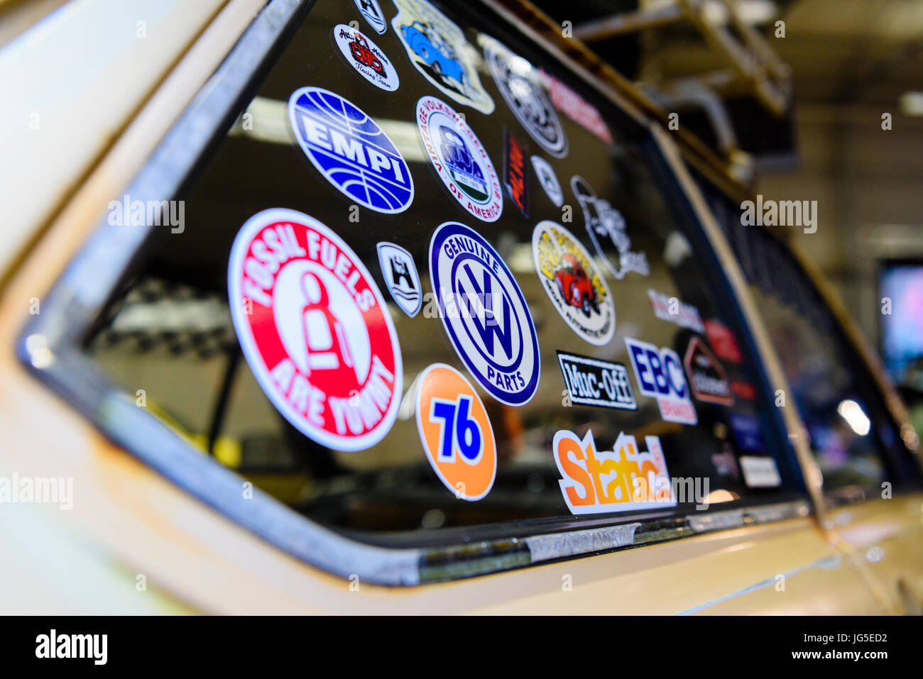 Very old Volkswagen with various car stickers on the rear window from the 1970s Stock Photo