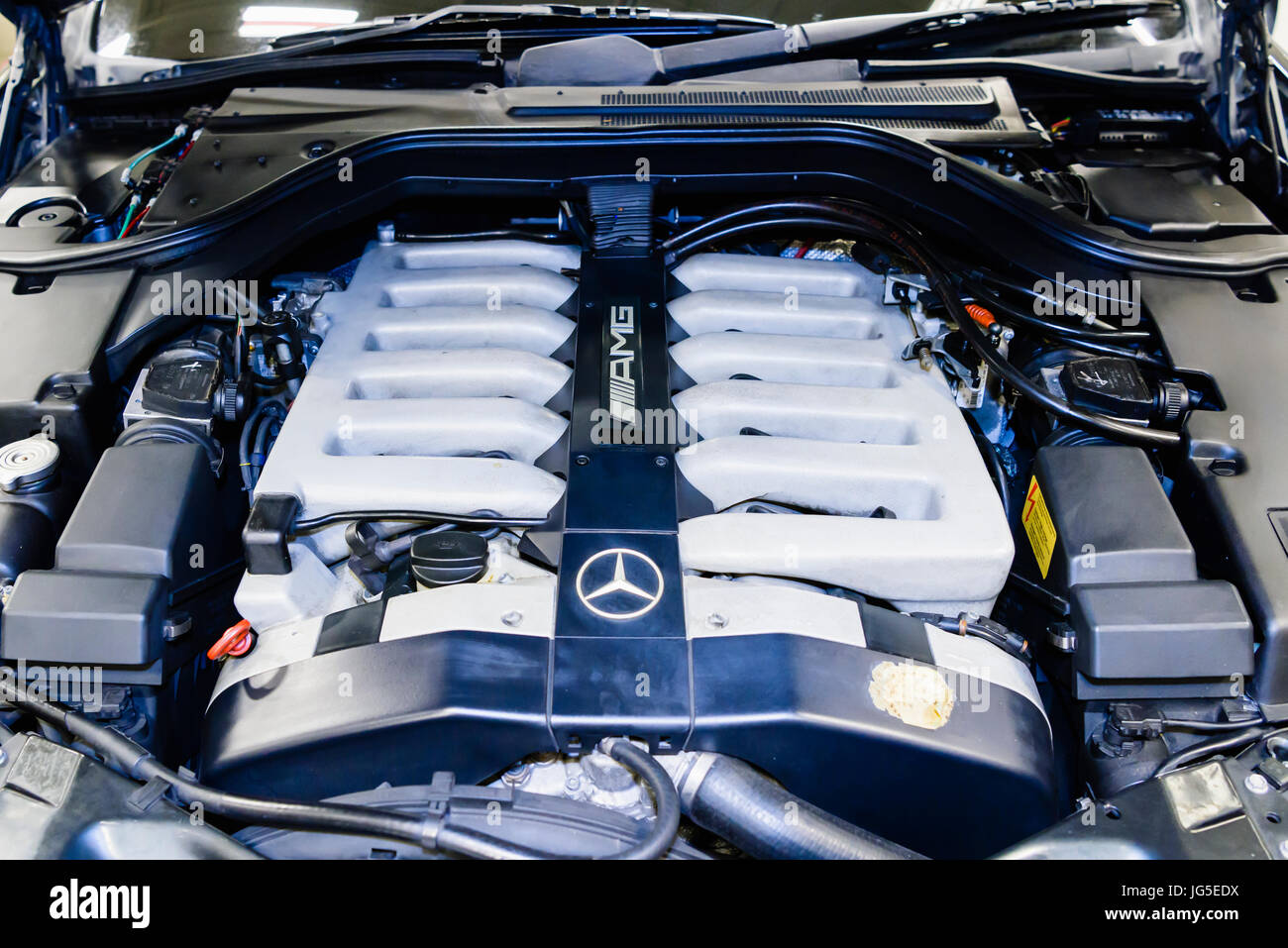 AMG V12 engine in a 140 series Mercedes S70 (1996, 1997, 1998), generating over 500bhp. Stock Photo
