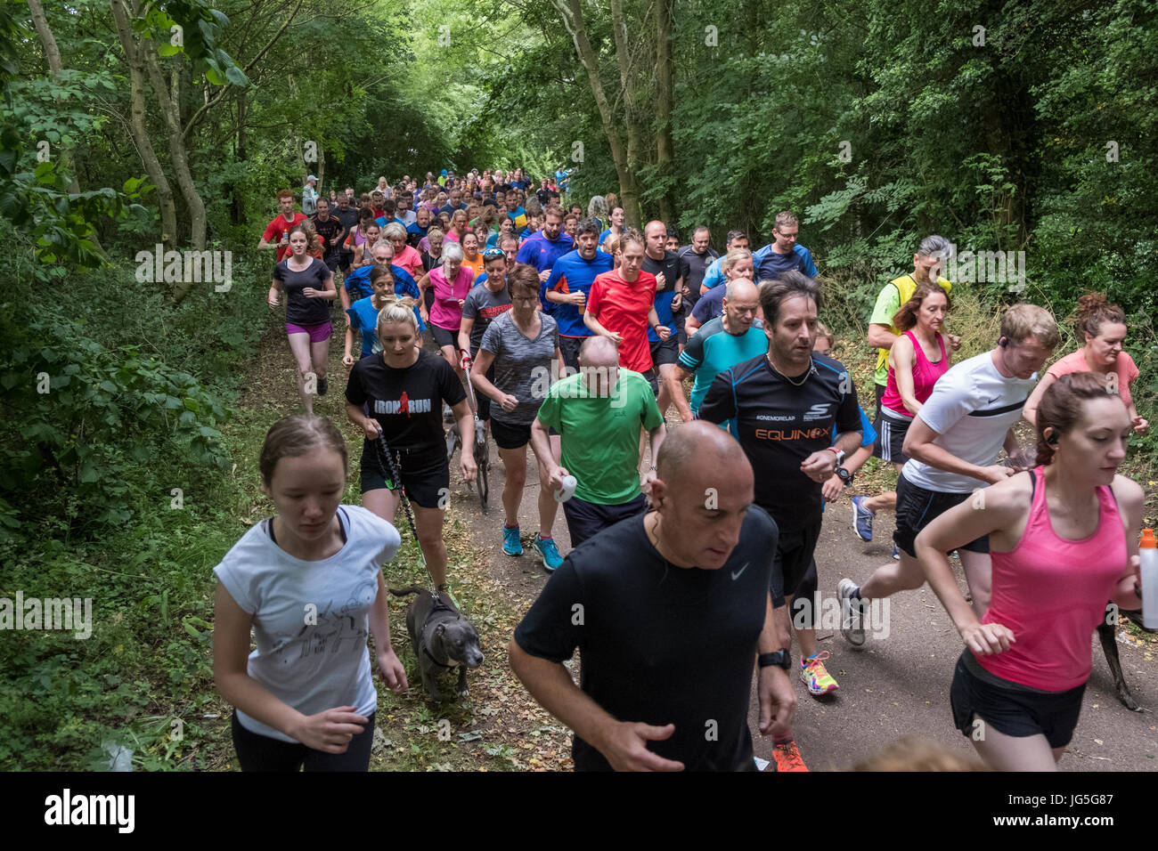 People taking part in a Parkrun in Daventry, Northamptonshire Stock Photo