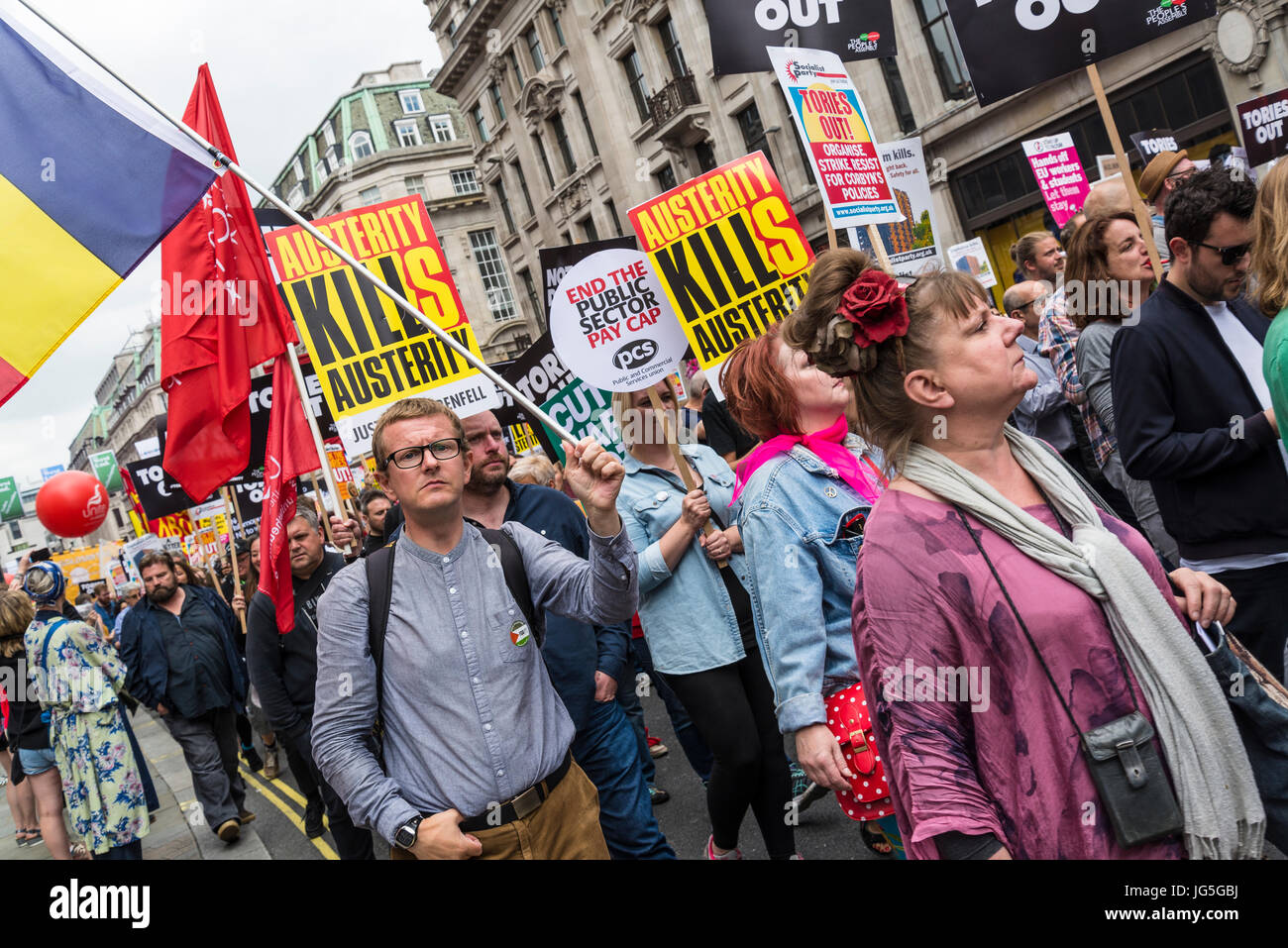 Not One Day More - Tories Out National Demonstration, an Anti-Government and Teresa May protest organised by an anti-austerity campaign group The Peop Stock Photo