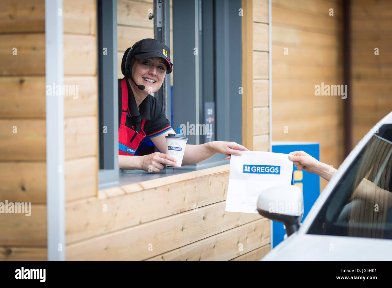 Greggs Drive Thru bakery  Irlam Gateway Service Station, Liverpool Rd, Irlam, Eccles, Manchester . Stock Photo