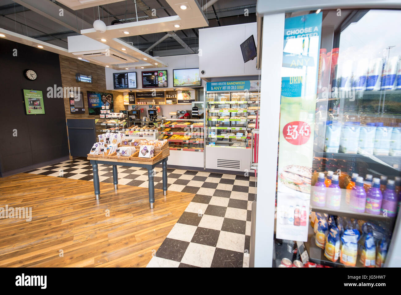 interior of Greggs Drive Thru bakery  Irlam Gateway Service Station, Liverpool Rd, Irlam, Eccles, Manchester . Stock Photo