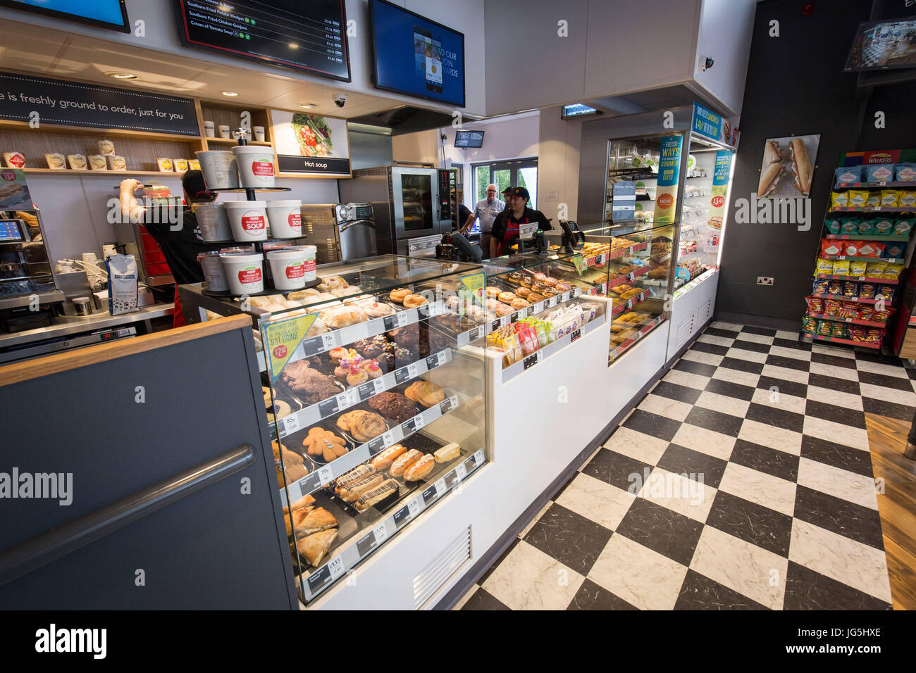 interior of Greggs Drive Thru bakery  Irlam Gateway Service Station, Liverpool Rd, Irlam, Eccles, Manchester . Stock Photo