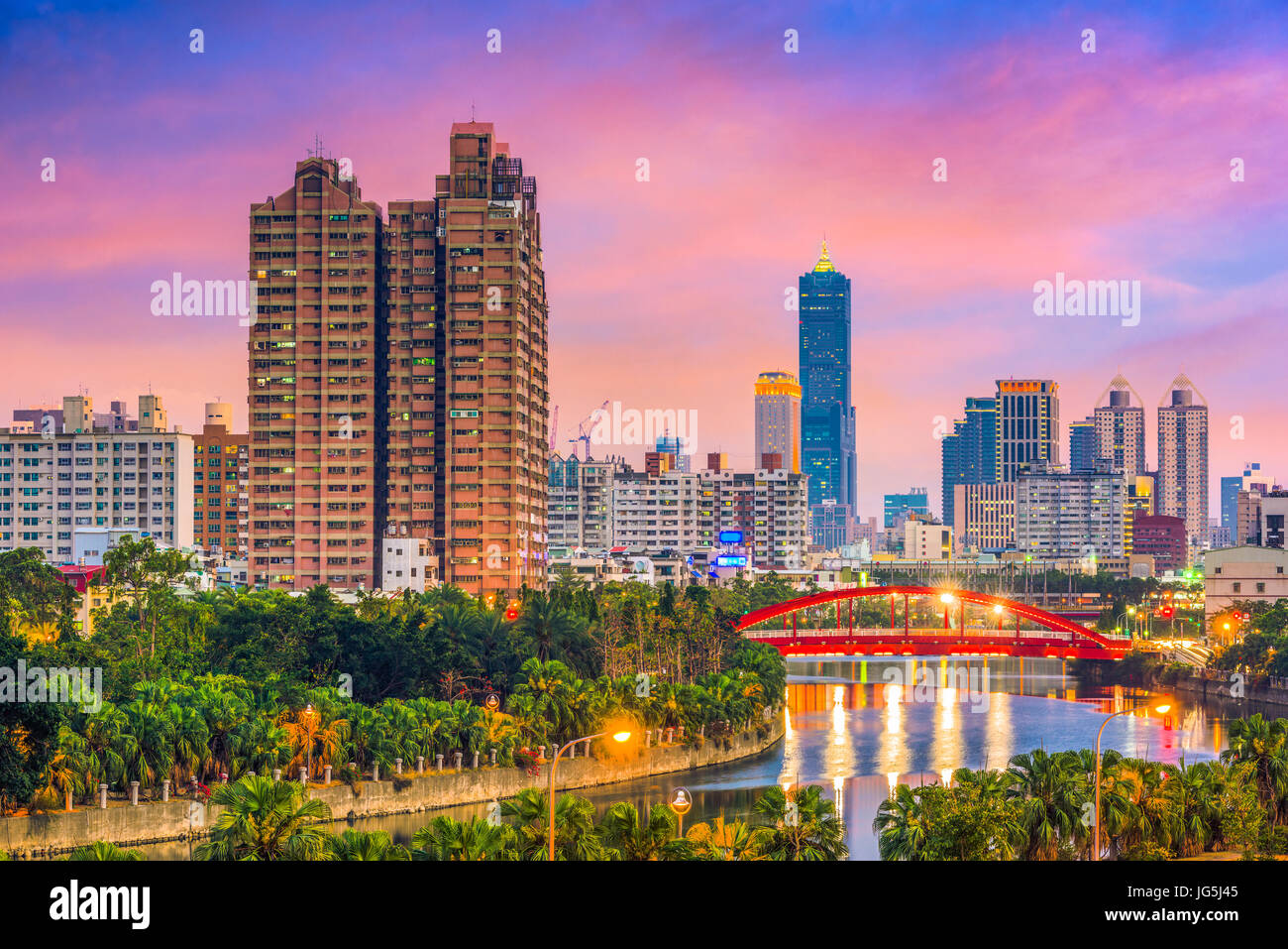 Kaohsiung, Taiwan downtown city skyline on Love River. Stock Photo