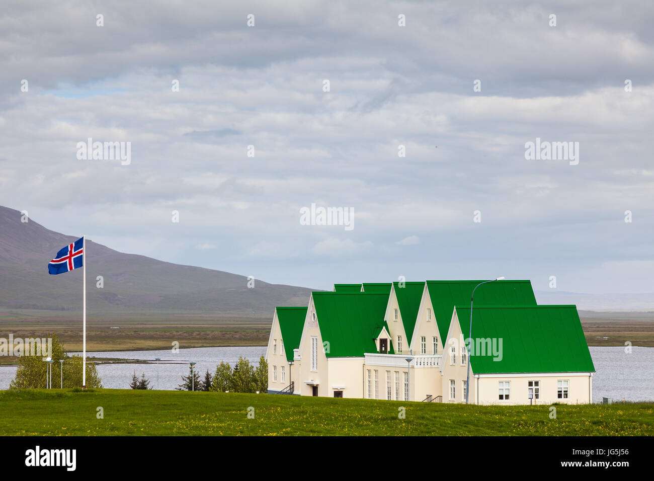 Lodge on the edge of Laugarvatn lake on Highway 37 in Iceland Stock Photo