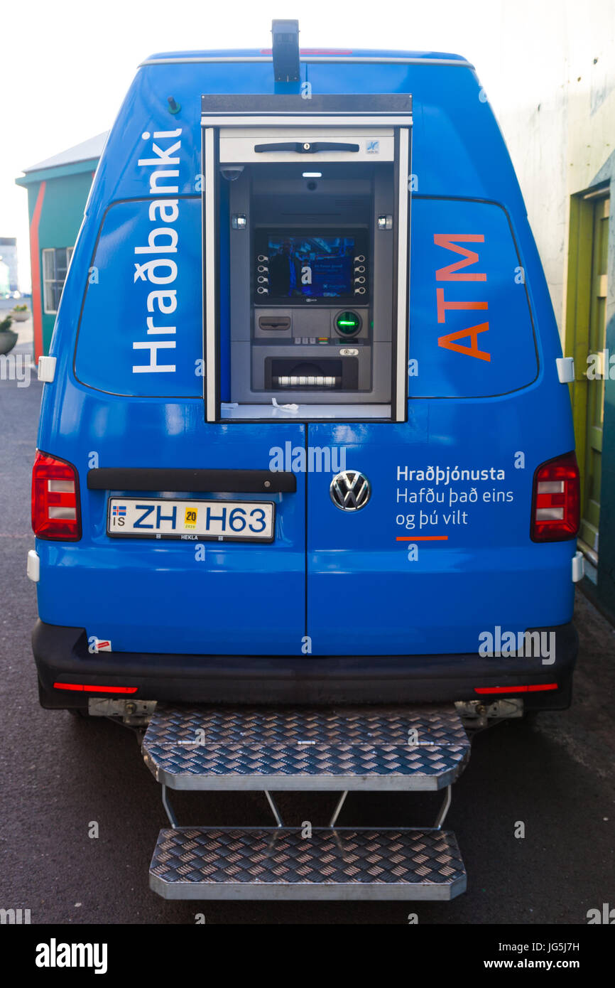 Mobile ATM vehicle parked in a convenient place for public use Stock Photo