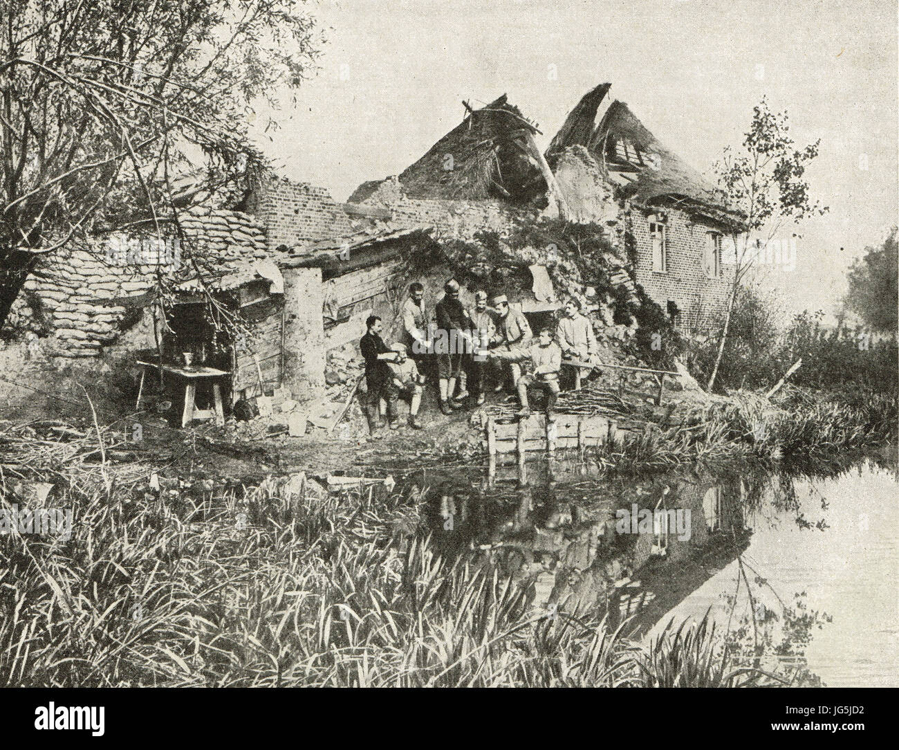 Aid station in ruined farmhouse near Flanders front, 1917 Stock Photo