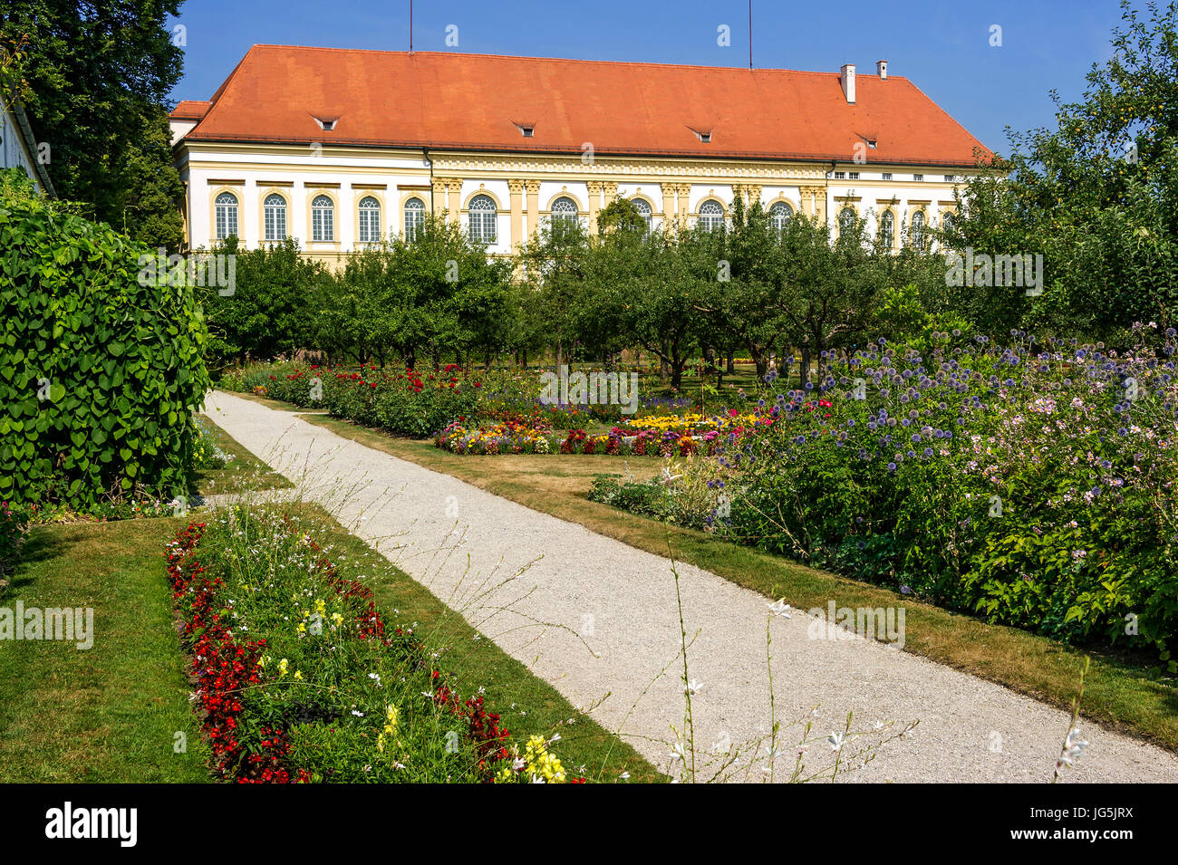 Colorful flower beds and historical orchard, court garden, palace garden, Dachau castle, Dachau, Upper Bavaria, Bavaria, Germany Stock Photo