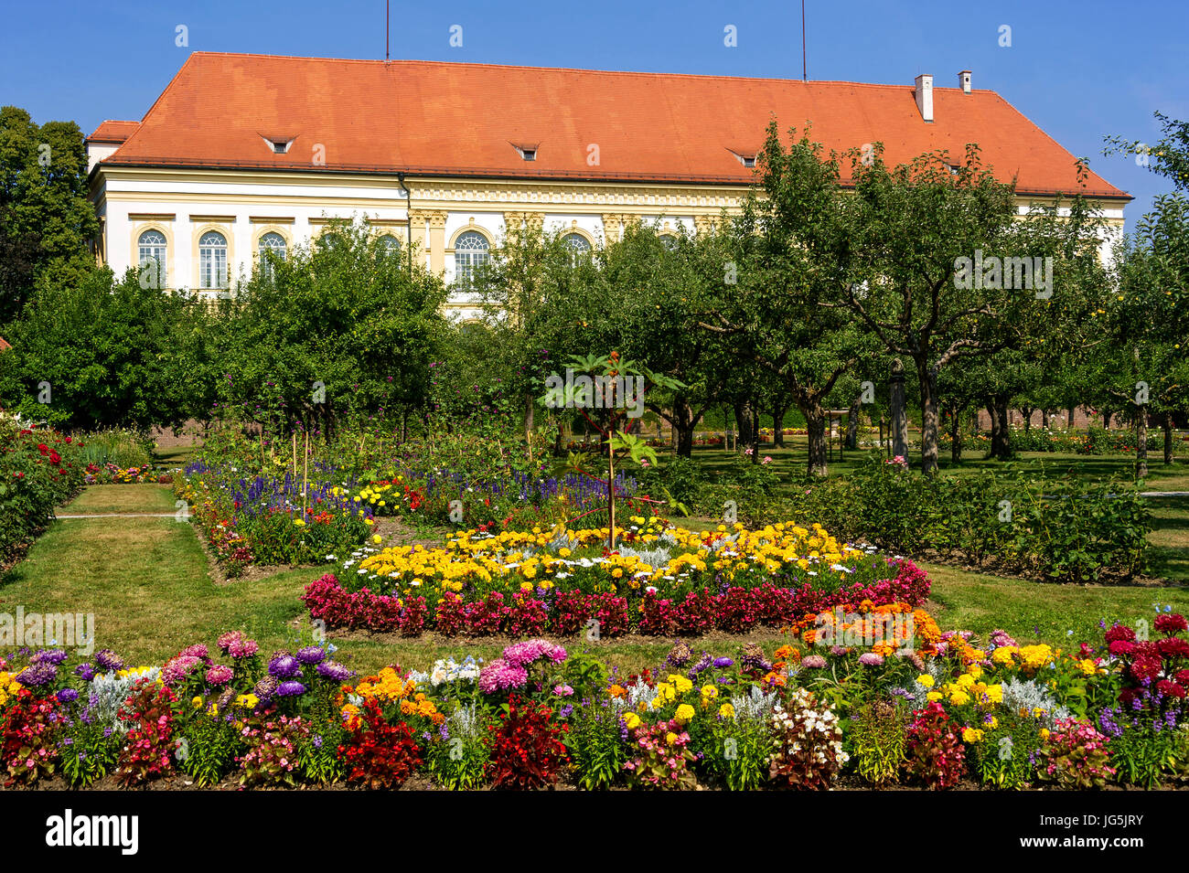 Colorful flower beds and historical orchard, court garden, palace garden, Dachau castle, Dachau, Upper Bavaria, Bavaria, Germany Stock Photo