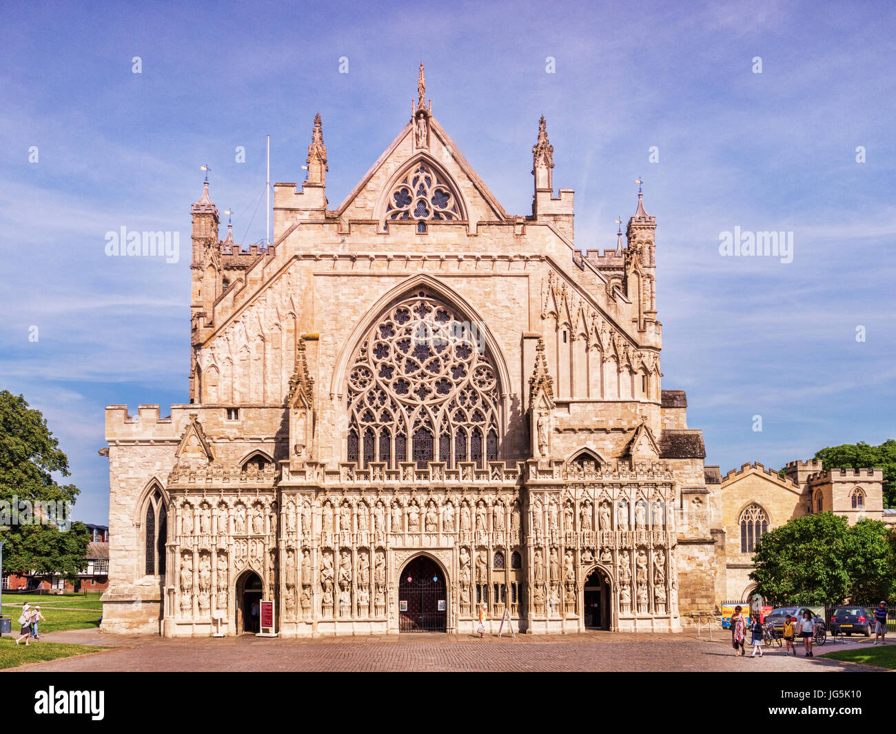20 June 2017: Exeter, Devon, England, UK - The West side of Exeter Cathedral on a fine summer day. Stock Photo