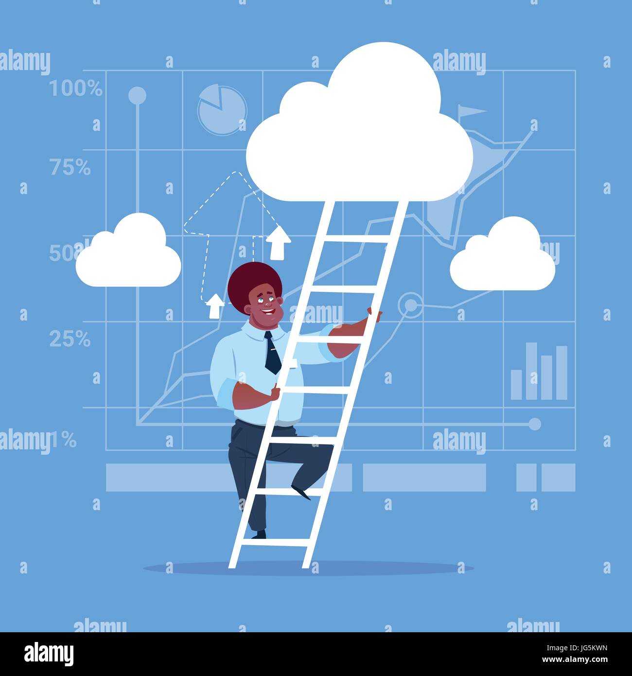 African American Businessman Climb Up Ladder Stairs, Concept Business Man Sky Clouds Stock Vector