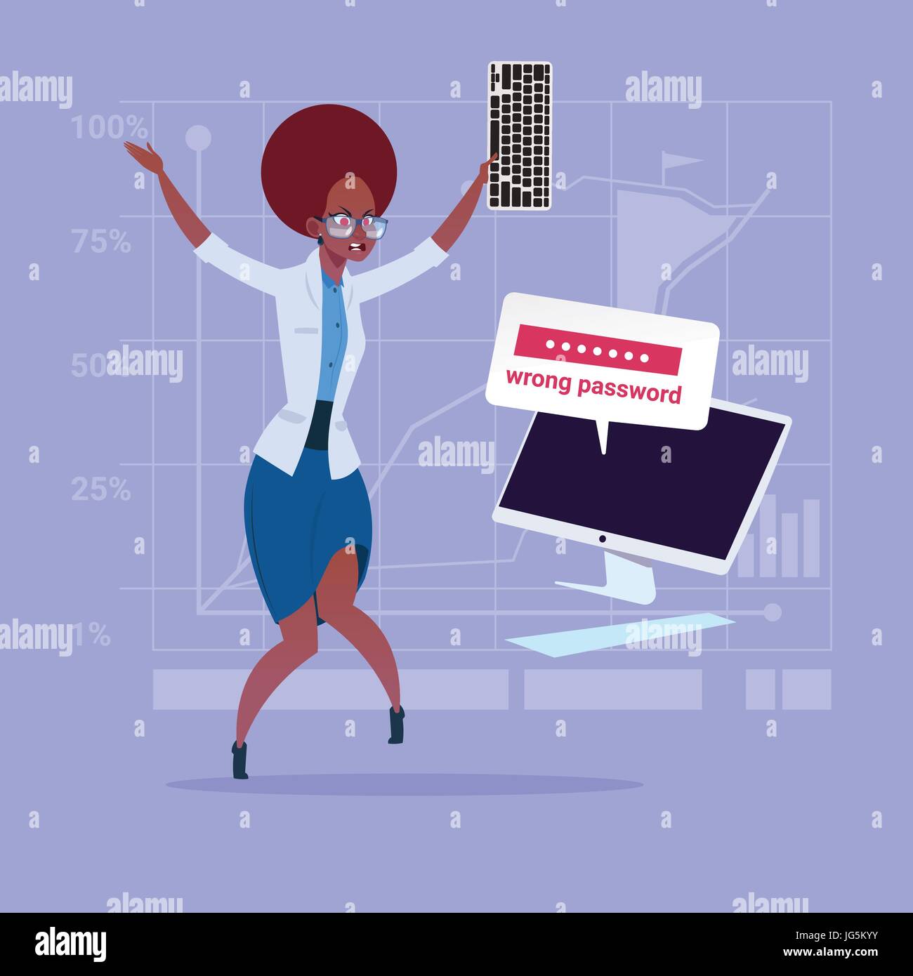 Angry African American Business Woman Inputting Wrong Password Using Computer Problem With Access Concept Stock Vector