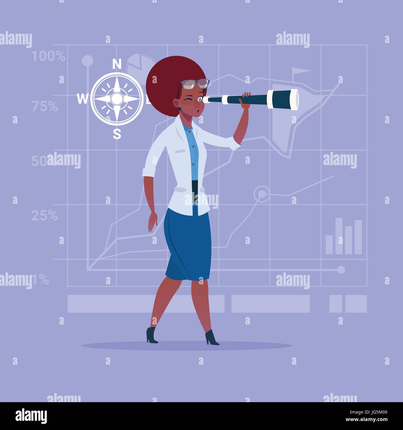 African American Business Woman With Binoculars Successful Future Career Concept Stock Vector