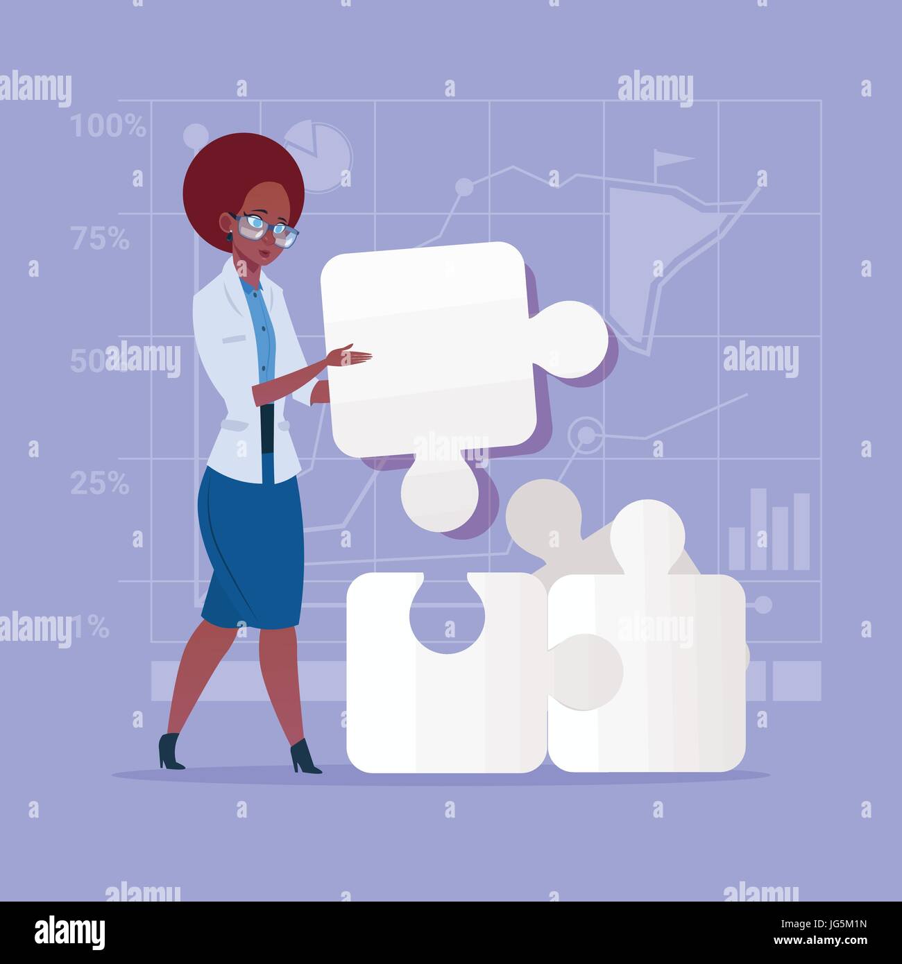 African American Business Woman Solve Puzzle Solution Concept Stock Vector