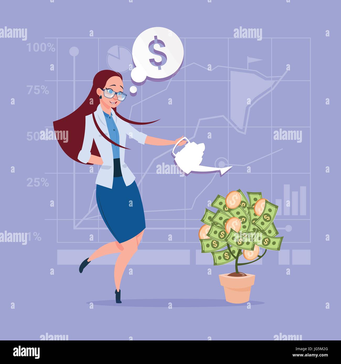 Business Woman Watering Money Tree Finance Success Concept Stock Vector ...