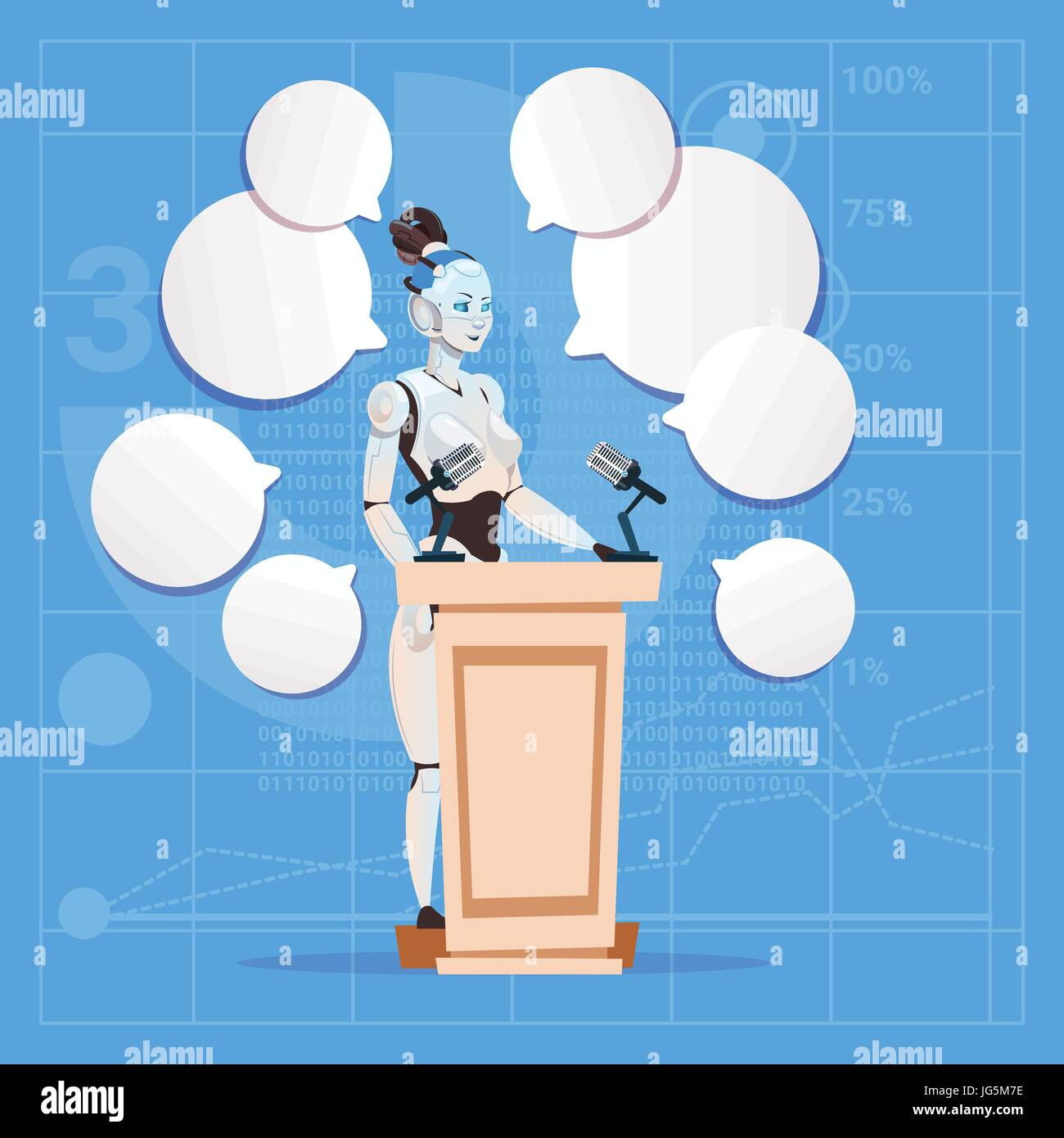 Robot Interview Panel Modern Robot Female Speaker Giving Interview Stand At Podium Futuristic ...