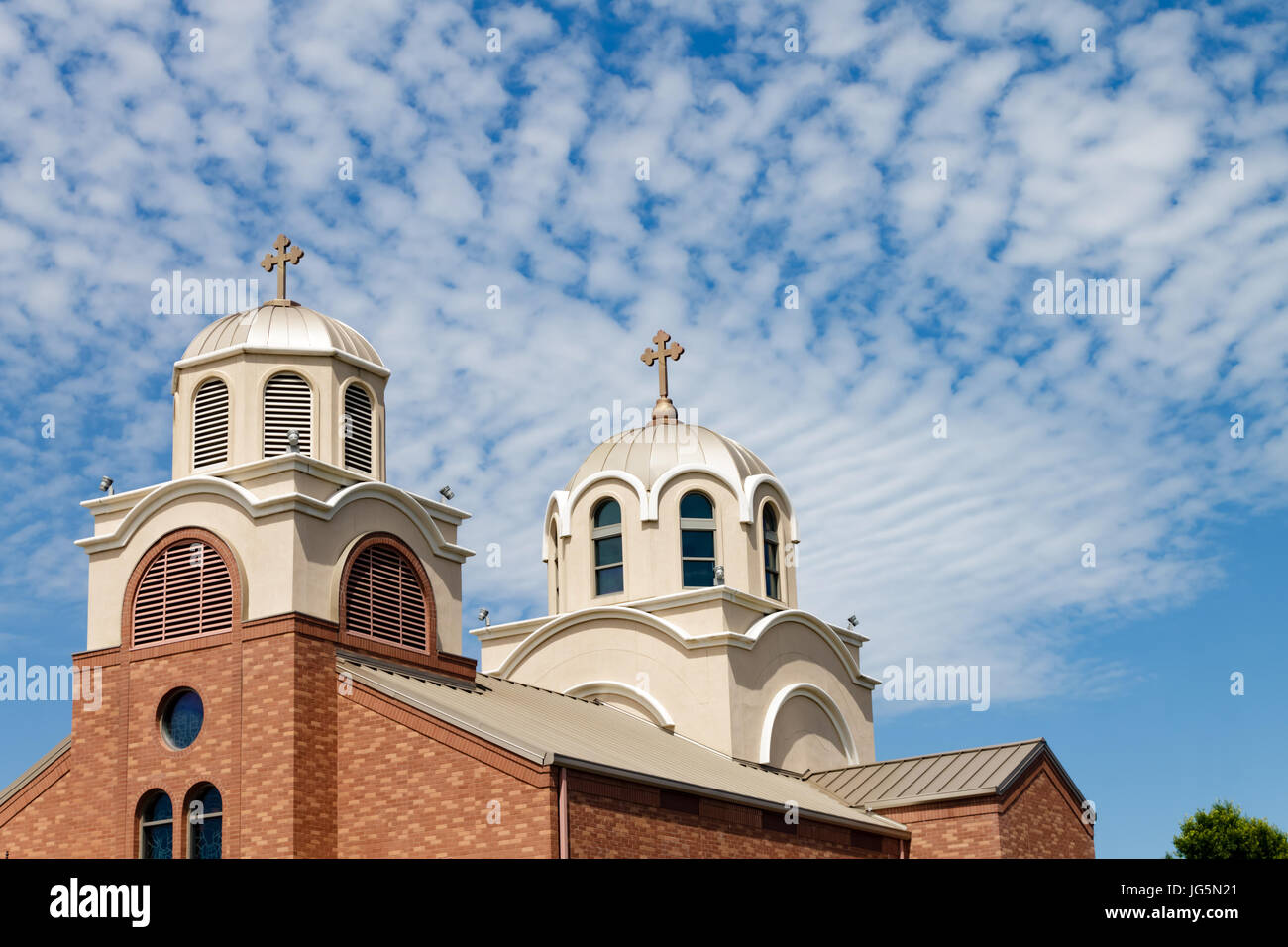 Church with two domes and two crosses on top Stock Photo