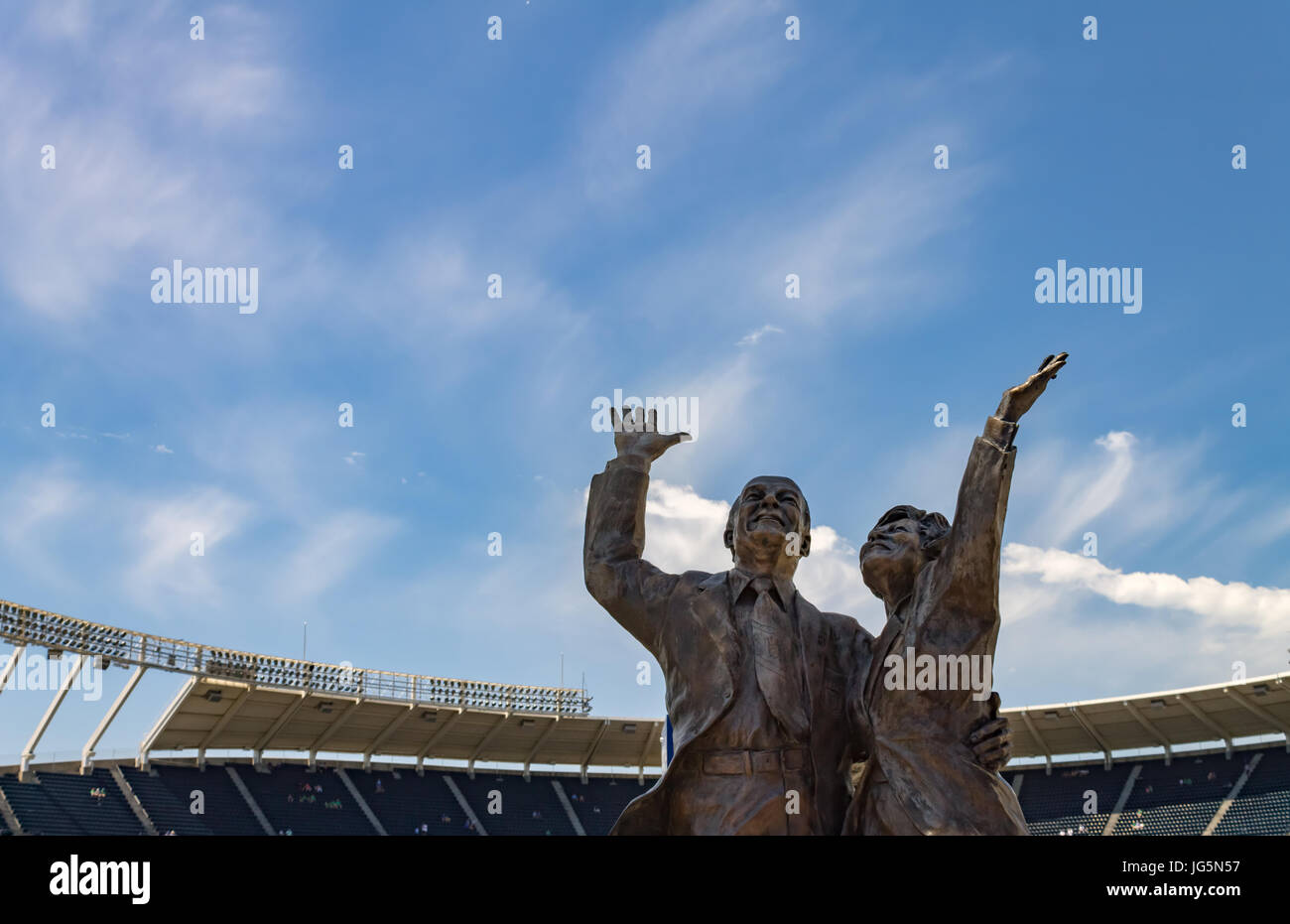 Kansas city, Missouri United States- 6/26/2017 Ewing Marion Kauffman and Muriel irene Kauffman bronze statue at Kauffman Stadium Stock Photo