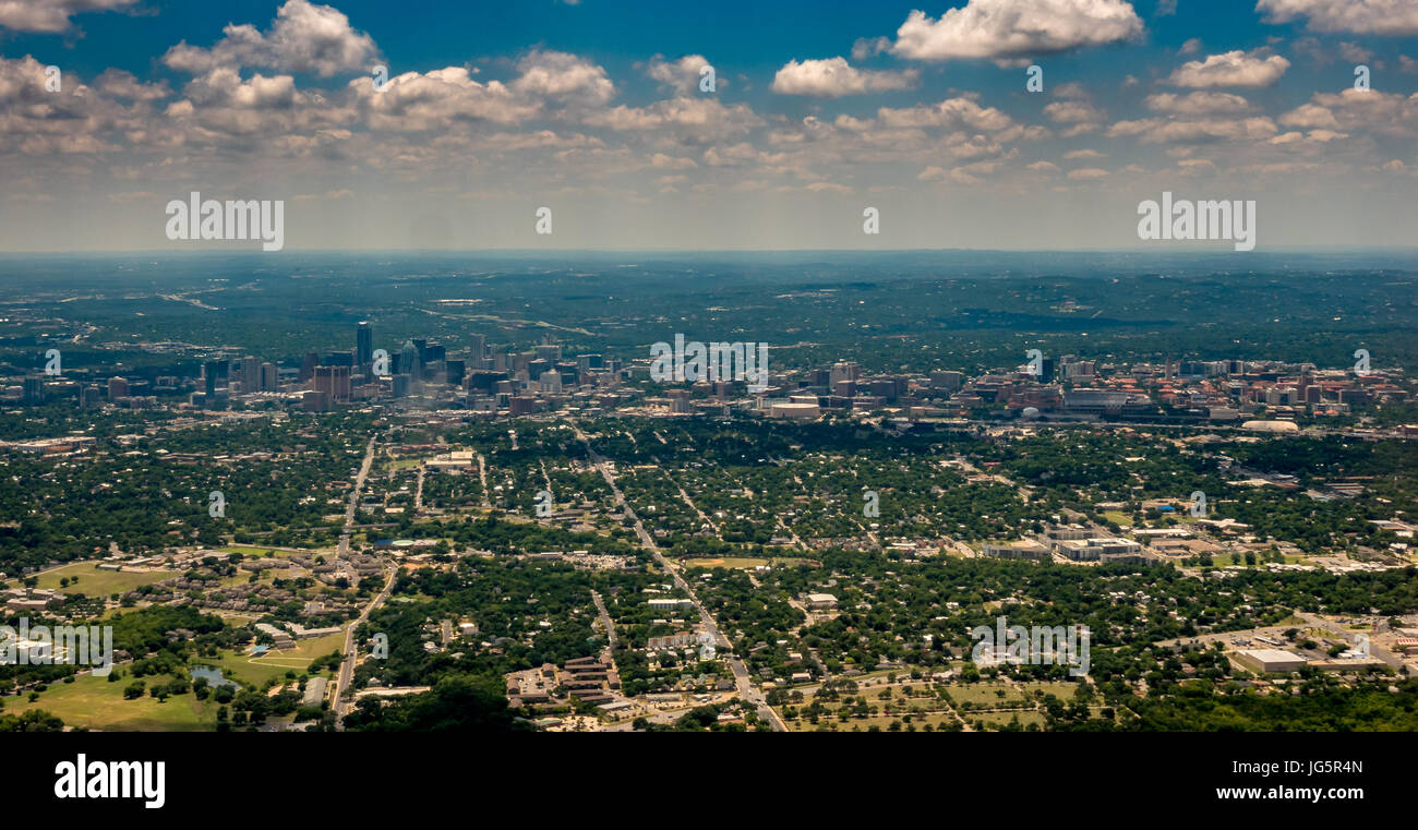 Downtown Austin TX from the air with Cloudy skies Stock Photo - Alamy