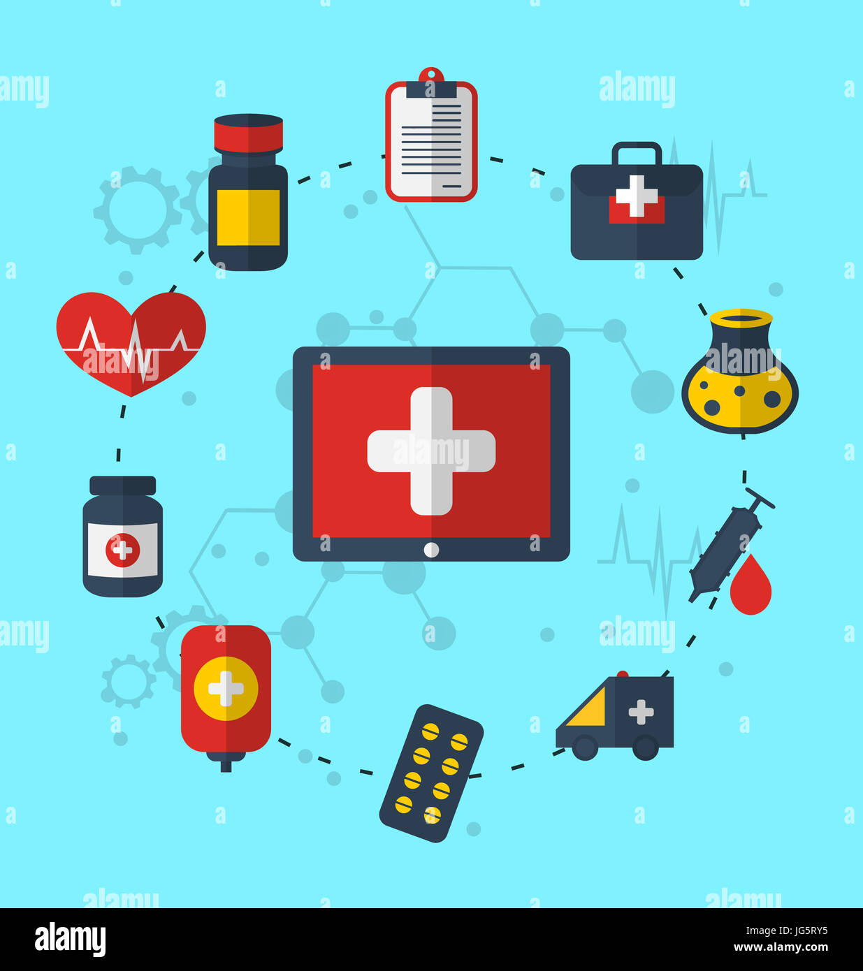Illustration tablet pc with medical icons for web design, modern flat ...
