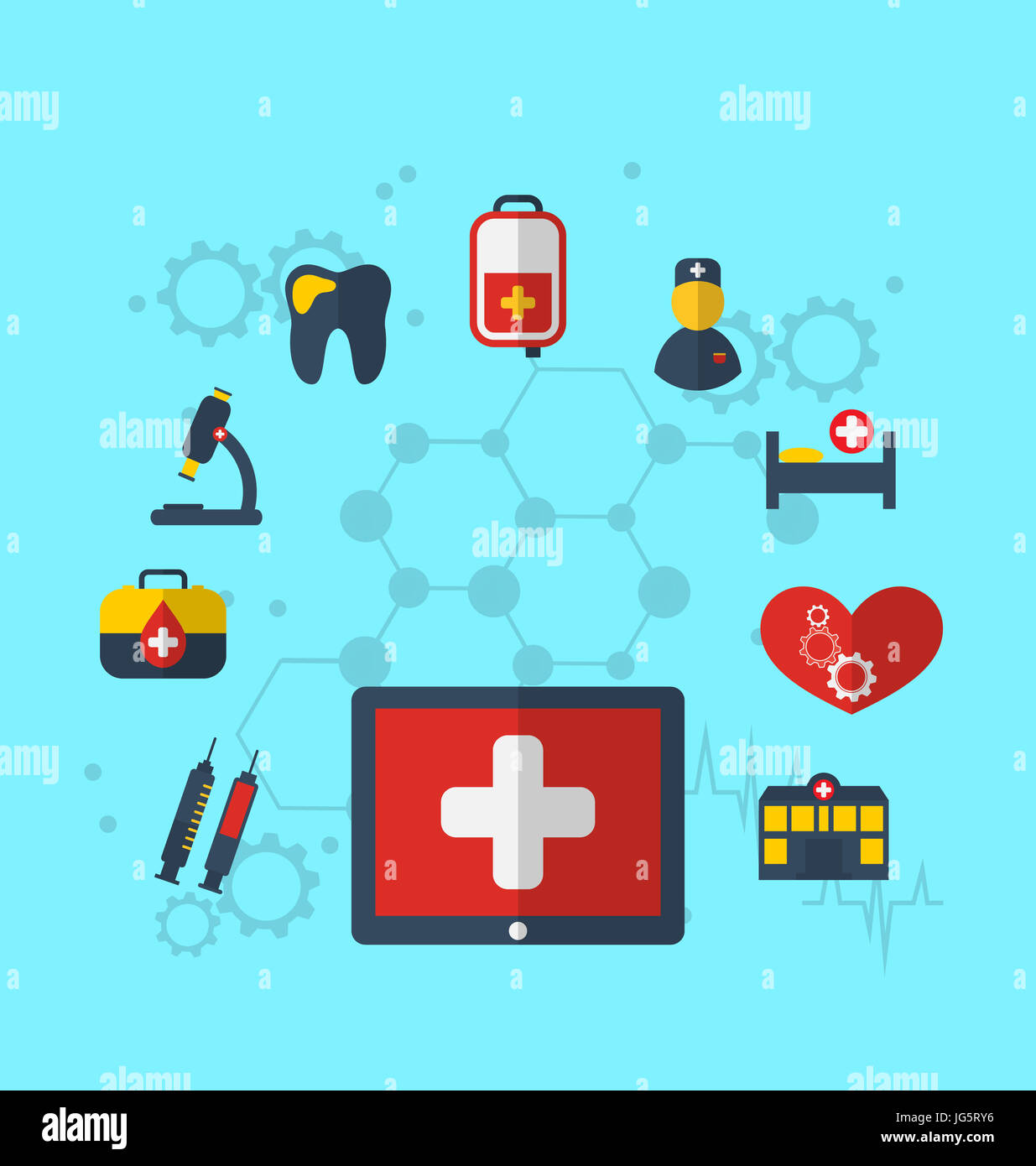 Illustration tablet pc with medical icons for web design, modern flat ...