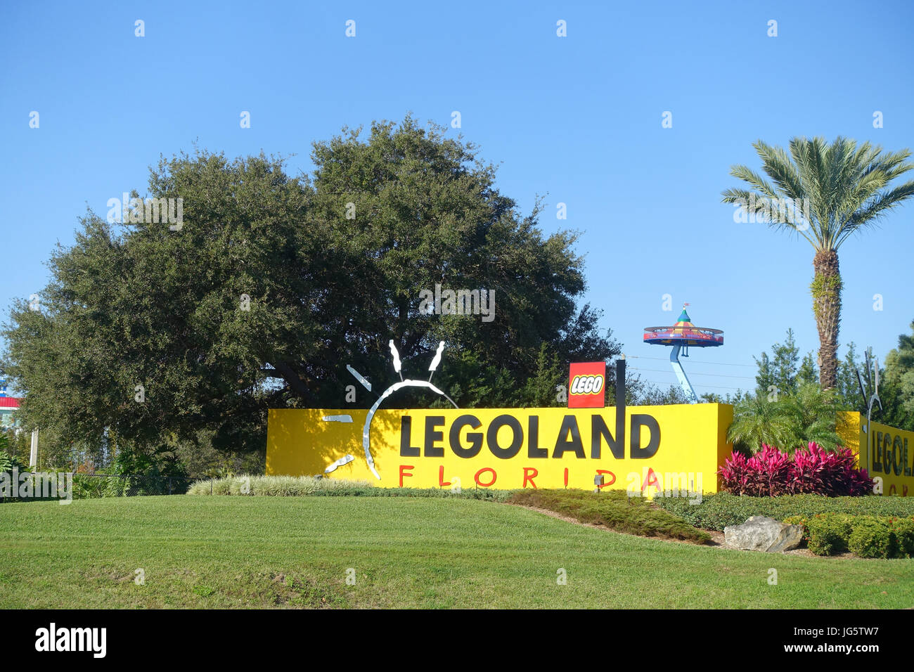 HOUSTON, USA - JANUARY 12, 2017: Legoland sign in the main entrance to Legoland. Legoland is a theme park based on the popular LEGO brand of building  Stock Photo