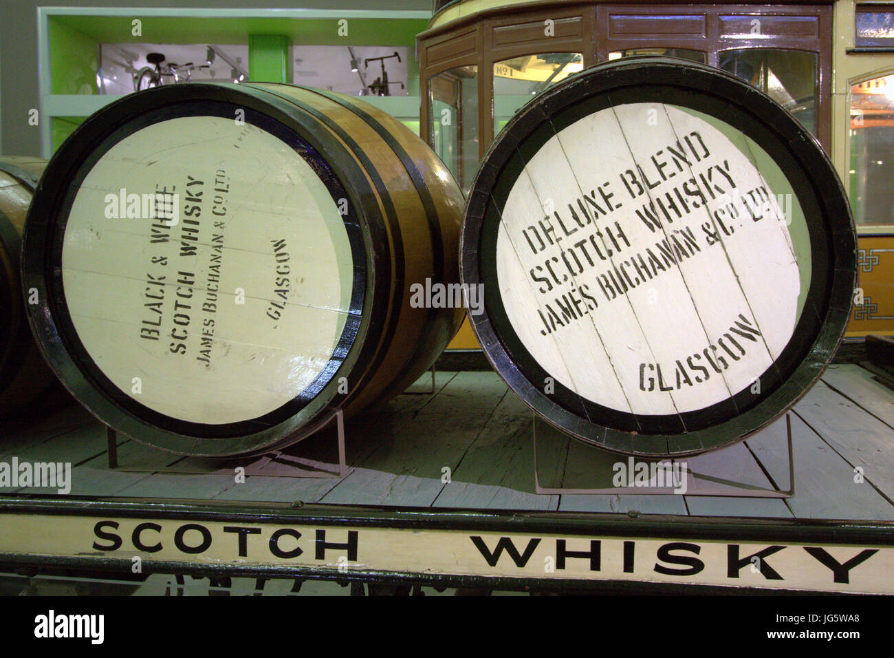 black and white scotch whisky barrels on a cart Stock Photo