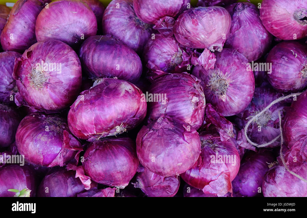 Purple onions for sale at the rural market in Grand Baie, Mauritius