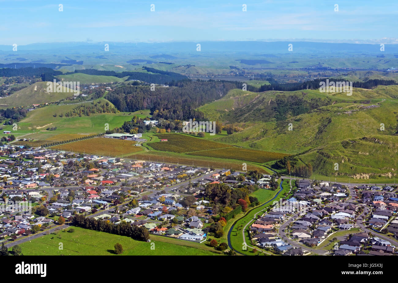 Taradale and the Mission Estate Winery Aerial View in Napier, Hawkes Bay, New Zealand. Stock Photo
