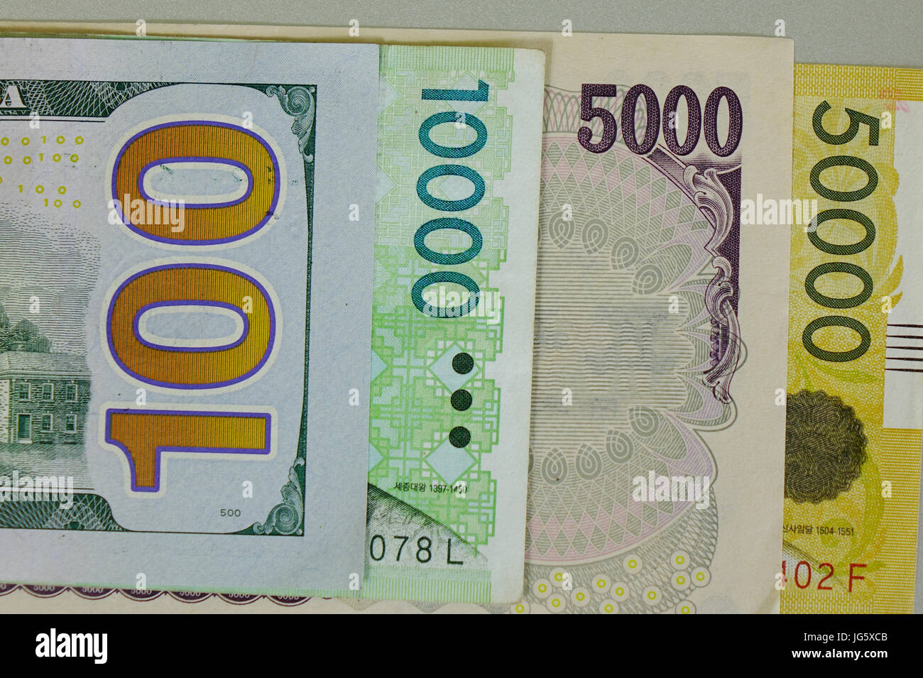 Many kind of banknotes - close up. US dollar, Japan yen and Korea won Stock  Photo - Alamy