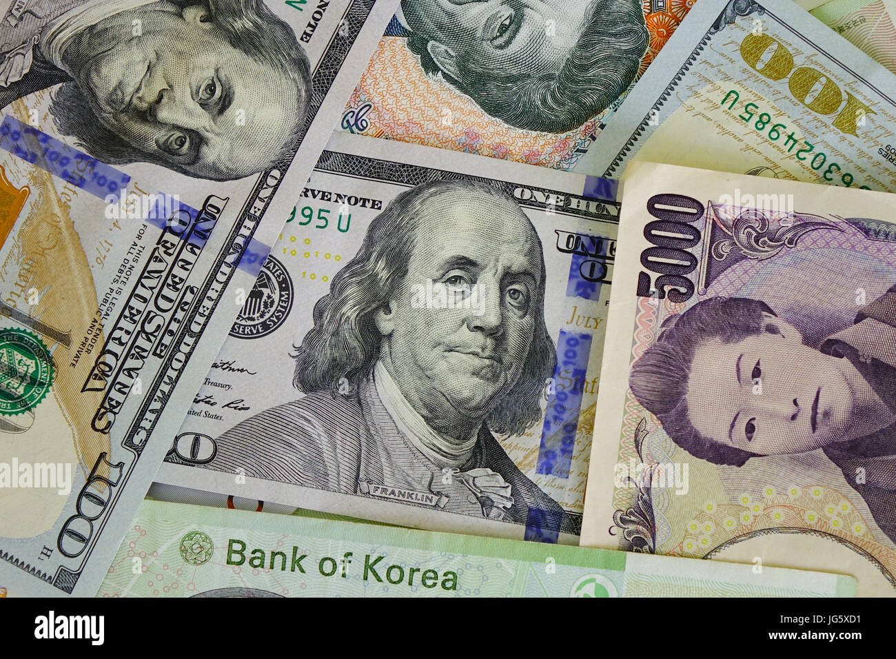 Stack of may banknotes. US dollars, Korea won bills and Japan yen. Close up  Stock Photo - Alamy