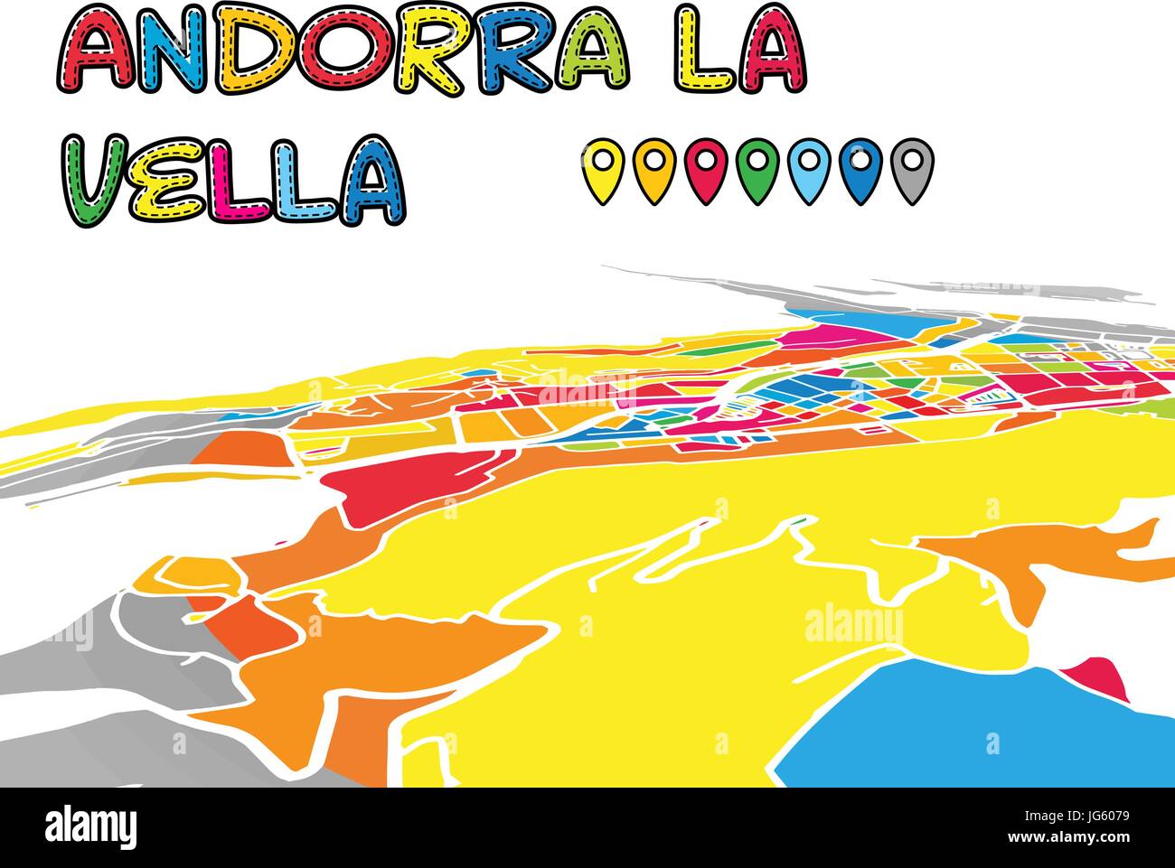 Andorra la Vella Downtown 3D Vector Map of Famous Streets. Bright foreground full of colors. White Streets, Waterways and grey background areal. White Stock Vector