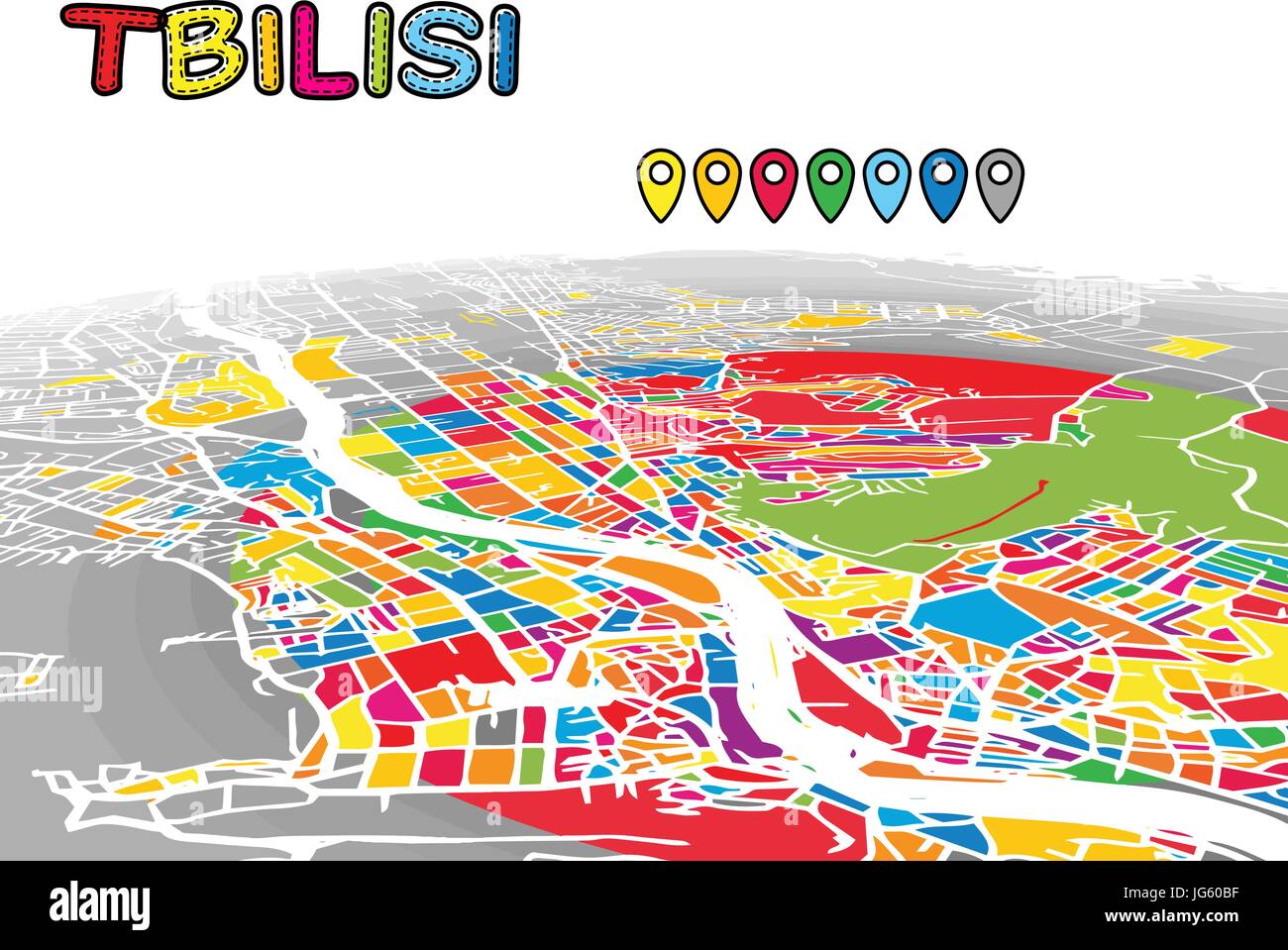 Tbilisi, Georgia, Downtown 3D Vector Map of Famous Streets. Bright foreground full of colors. White Streets, Waterways and grey background areal. Whit Stock Vector