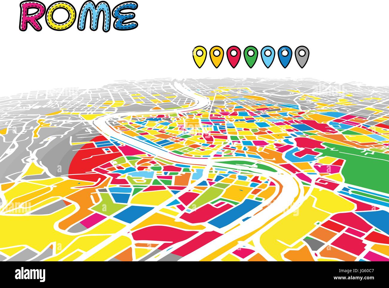 Rome, Italy, Downtown 3D Vector Map of Famous Streets. Bright foreground full of colors. White Streets, Waterways and grey background areal. White Hor Stock Vector