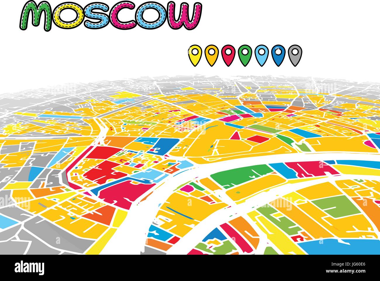 Moscow, Russia, Downtown 3D Vector Map of Famous Streets. Bright foreground full of colors. White Streets, Waterways and grey background areal. White  Stock Vector