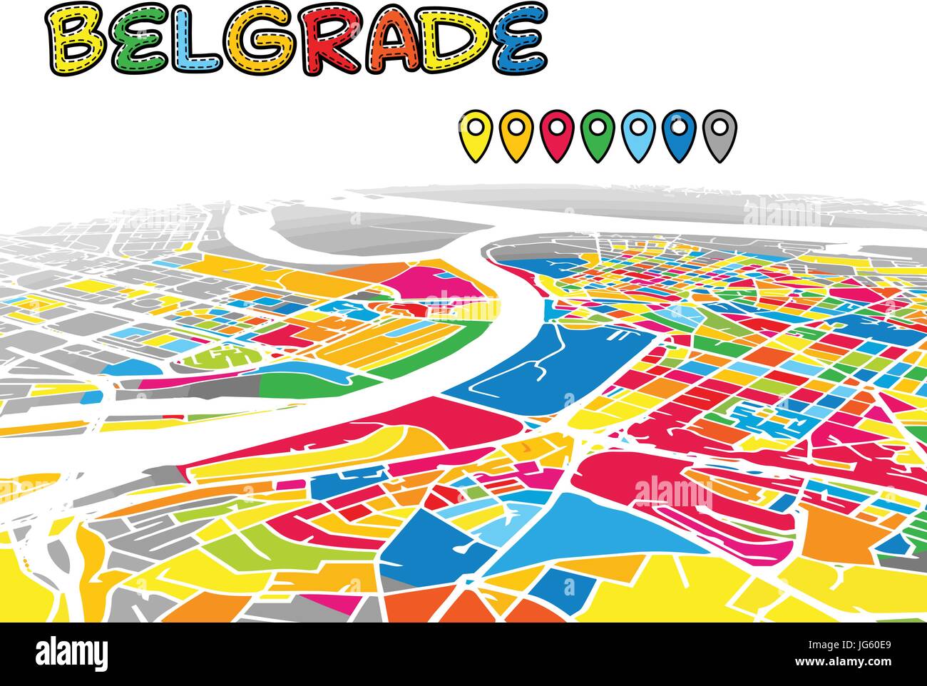 Belgrade, Serbia, Downtown 3D Vector Map of Famous Streets. Bright foreground full of colors. White Streets, Waterways and grey background areal. Whit Stock Vector