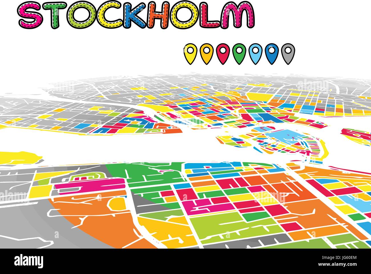 Stockholm, Sweden, Downtown 3D Vector Map of Famous Streets. Bright foreground full of colors. White Streets, Waterways and grey background areal. Whi Stock Vector