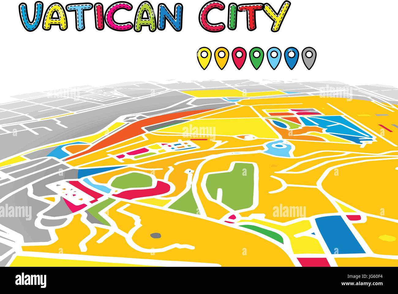 Vatican City Downtown 3D Vector Map of Famous Streets. Bright foreground full of colors. White Streets, Waterways and grey background areal. White Hor Stock Vector