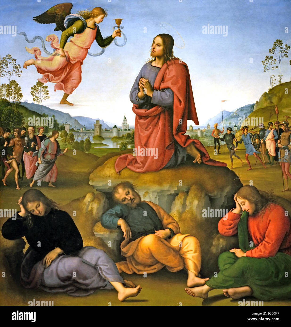 The Agony in the Garden 1492 Pietro Perugino 1446/1452 – 1523 born Pietro Vannucci, Italian Renaissance painter of the Umbrian school, Italy ( Christ is portrayed in center of the panel above a clear sky, kneeling in the Garden of Gethsemane and receiving by an angel a divine chalice. His figure forms a triangle with the three sleeping apostles at the bottom (from the left, John, Peter and James); the triangle is connected to the painting's sides by the symmetrical line of the hills. Behind Jesus is a lake landscape, a typical element of the Italian painting at the time, with a fortified city Stock Photo