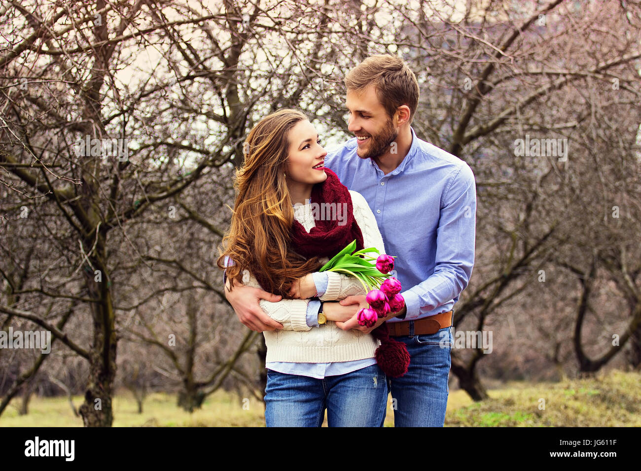 Spring romantic love story of beautiful loving couple. Stock Photo