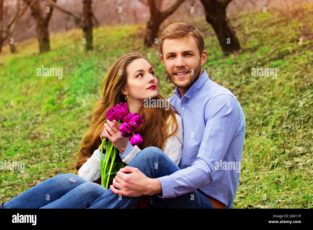 Spring romantic love story of beautiful loving couple Stock Photo - Alamy