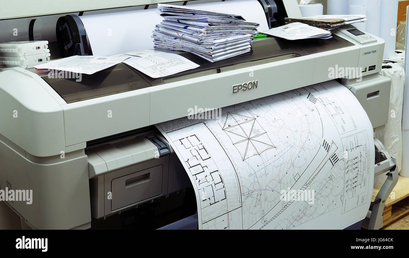 Wide format printer printing draft outline drawing Stock Photo Alamy