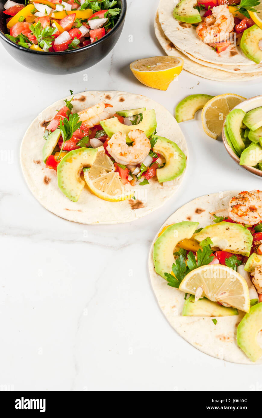 Seafood. Mexican food. Tortilla tacos with traditional homemade salsa