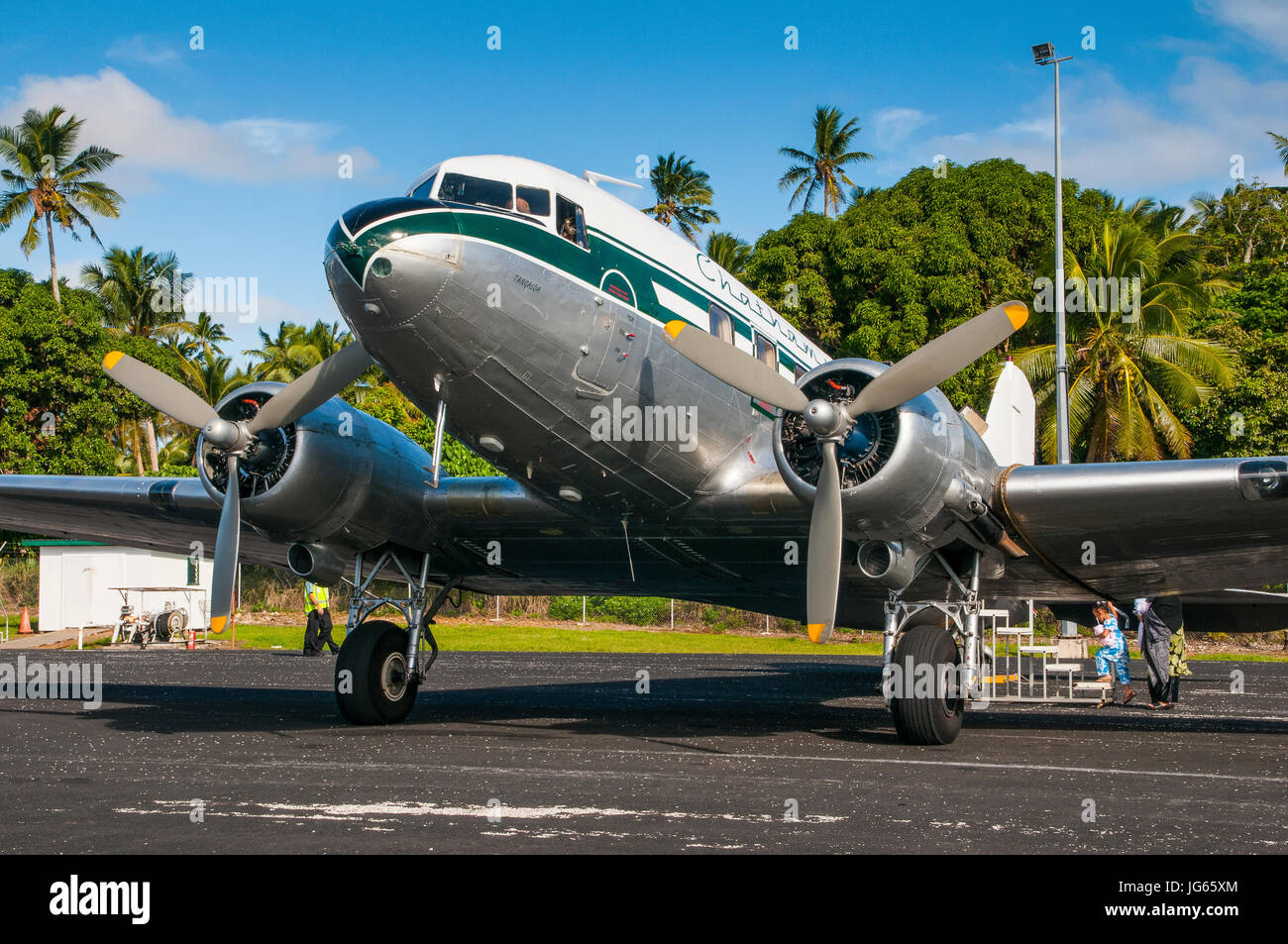 Chatham pacific old DC 3 airplane connecting the islands of Tonga, South Pacific Stock Photo
