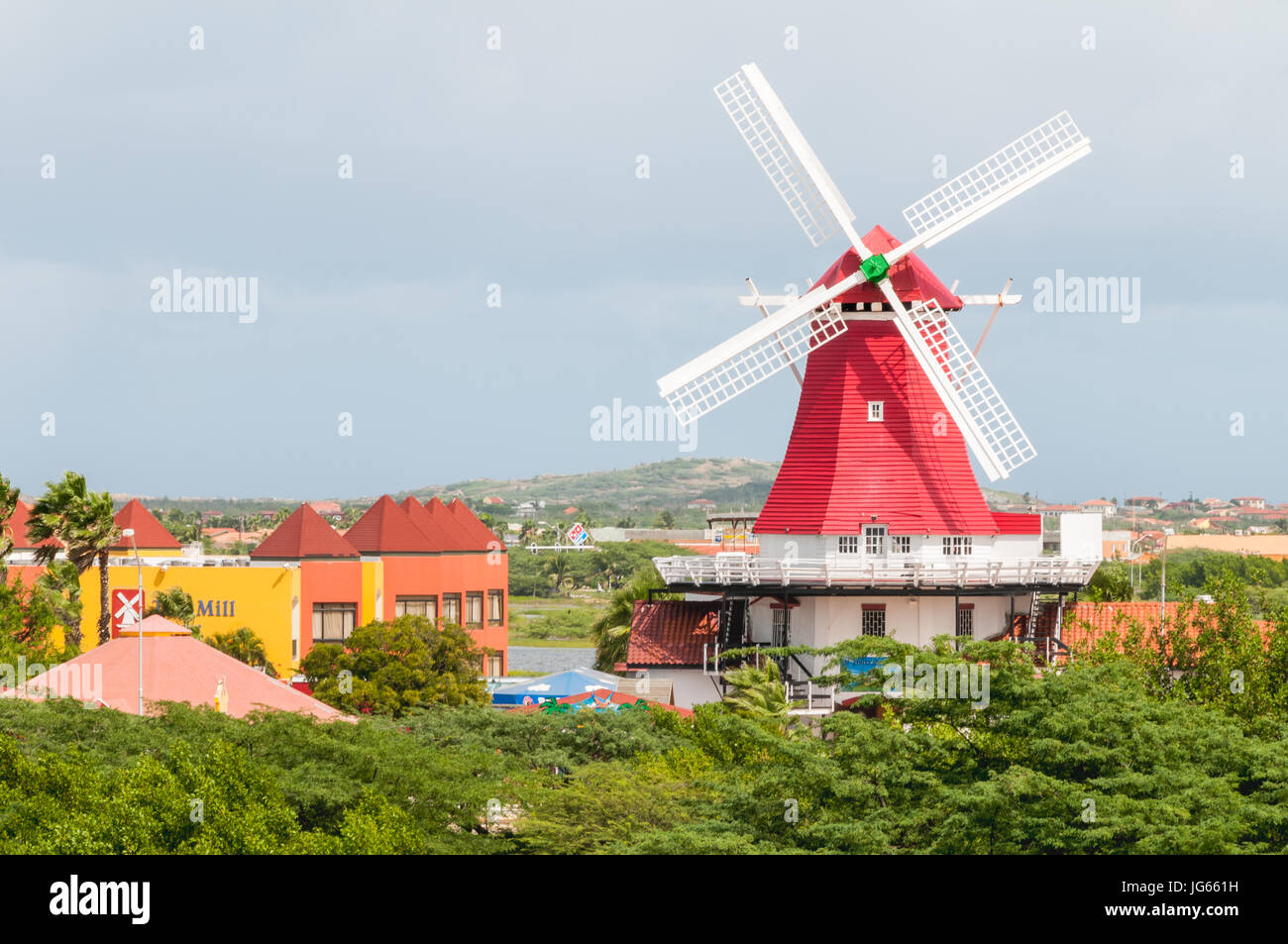 PALM BEACH, ARUBA - DECEMBER 3, 2008: The iconic old dutch windmill at Palm Beach near Oranjestad on the caribbean island Aruba. Palm Beach is the pop Stock Photo