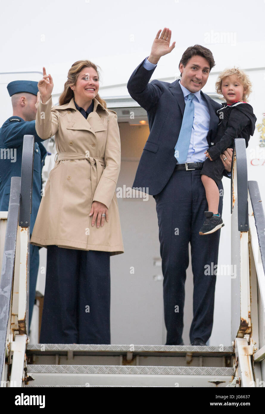 Canadian Prime Minister Justin Trudeau gets off a plane at Dublin airport  with his wife Sophie Gregoire Trudeau and their son Hadrien as he arrives  in Ireland for an official visit Stock